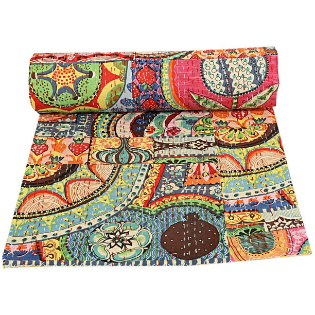 Indian Kantha Quilt Handmade Screen Size Queen Print Bed Bedspread Cover Cotton